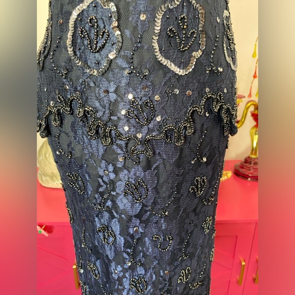VTG SCALA NAVY BLUE BEADED EVENING GOWN DRIPPY HEM SEQUINED PS PETITE SMALL - Picture 4 of 12